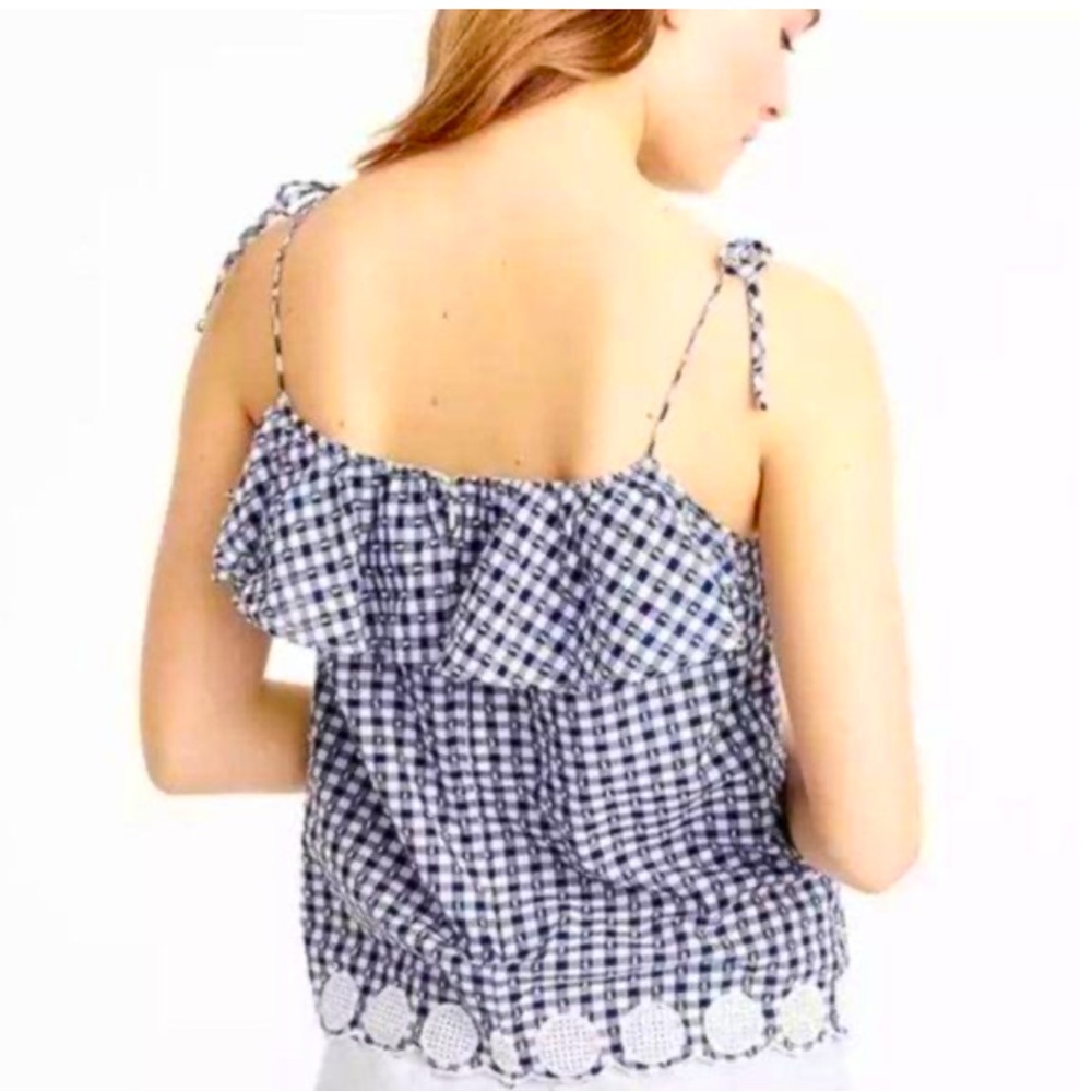 J. Crew Gingham blue white tank top with embroidery